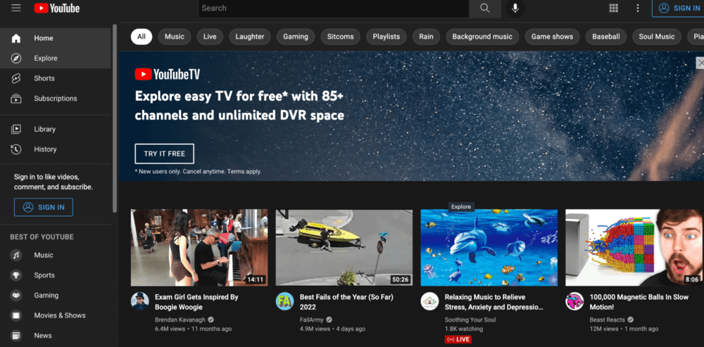 YouTube homepage screenshot