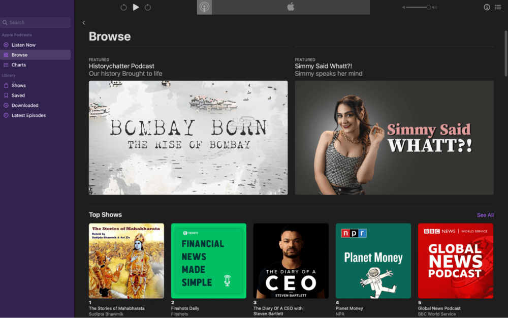 Screenshot showing Apple Podcast homepage