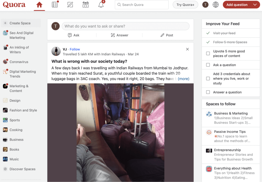 Quora homepage with question listing
