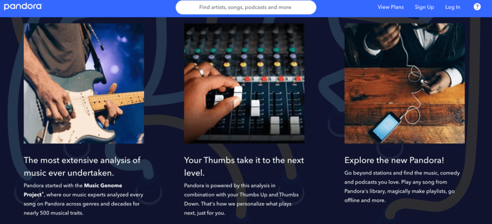 Pandora website screenshot showing homepage