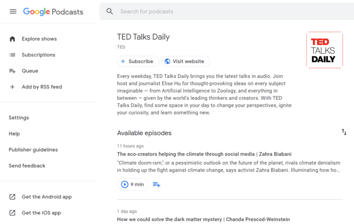 Google Podcast screenshot from web