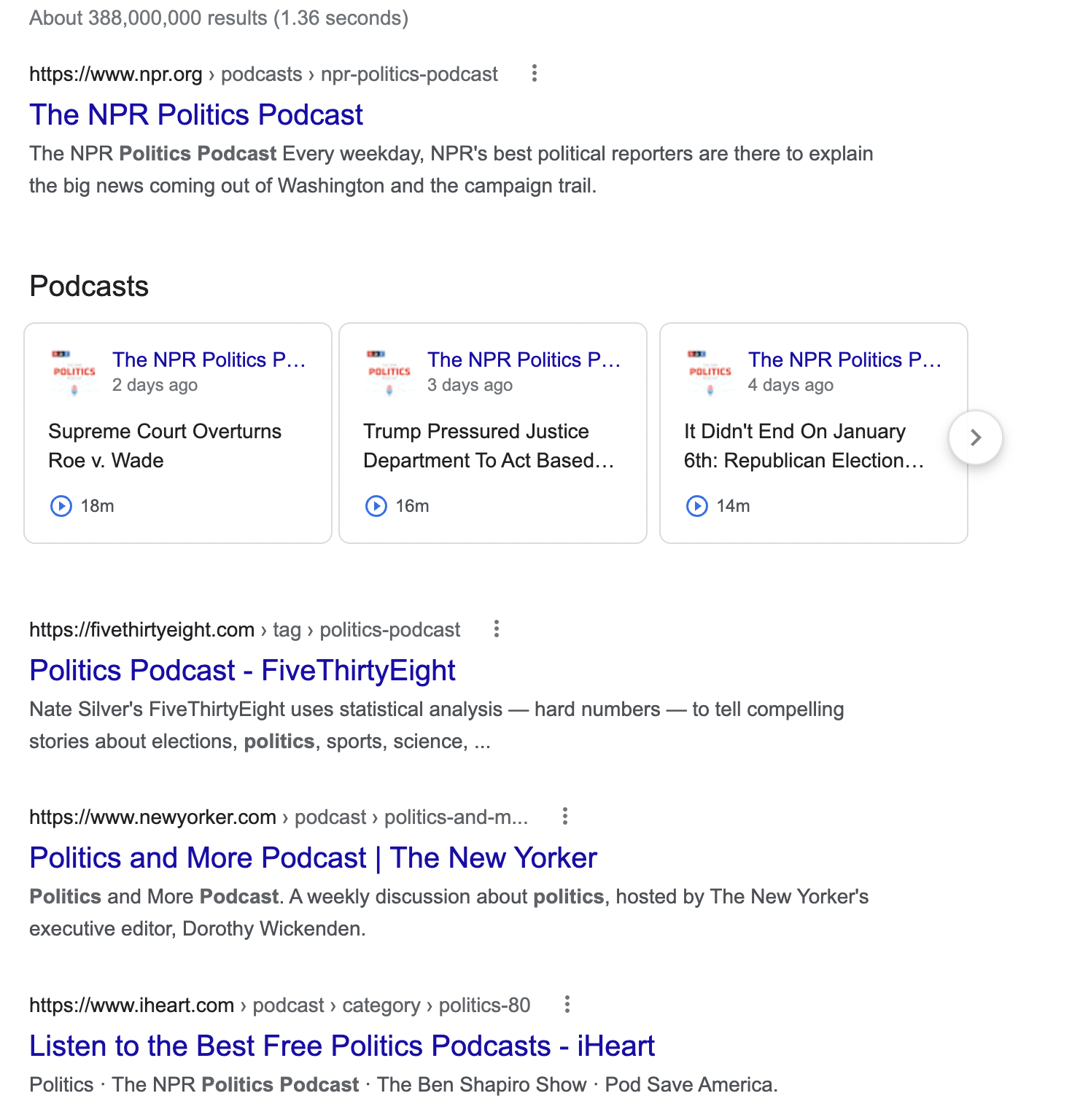 Google search results for &ldquo;politics podcast&rdquo;